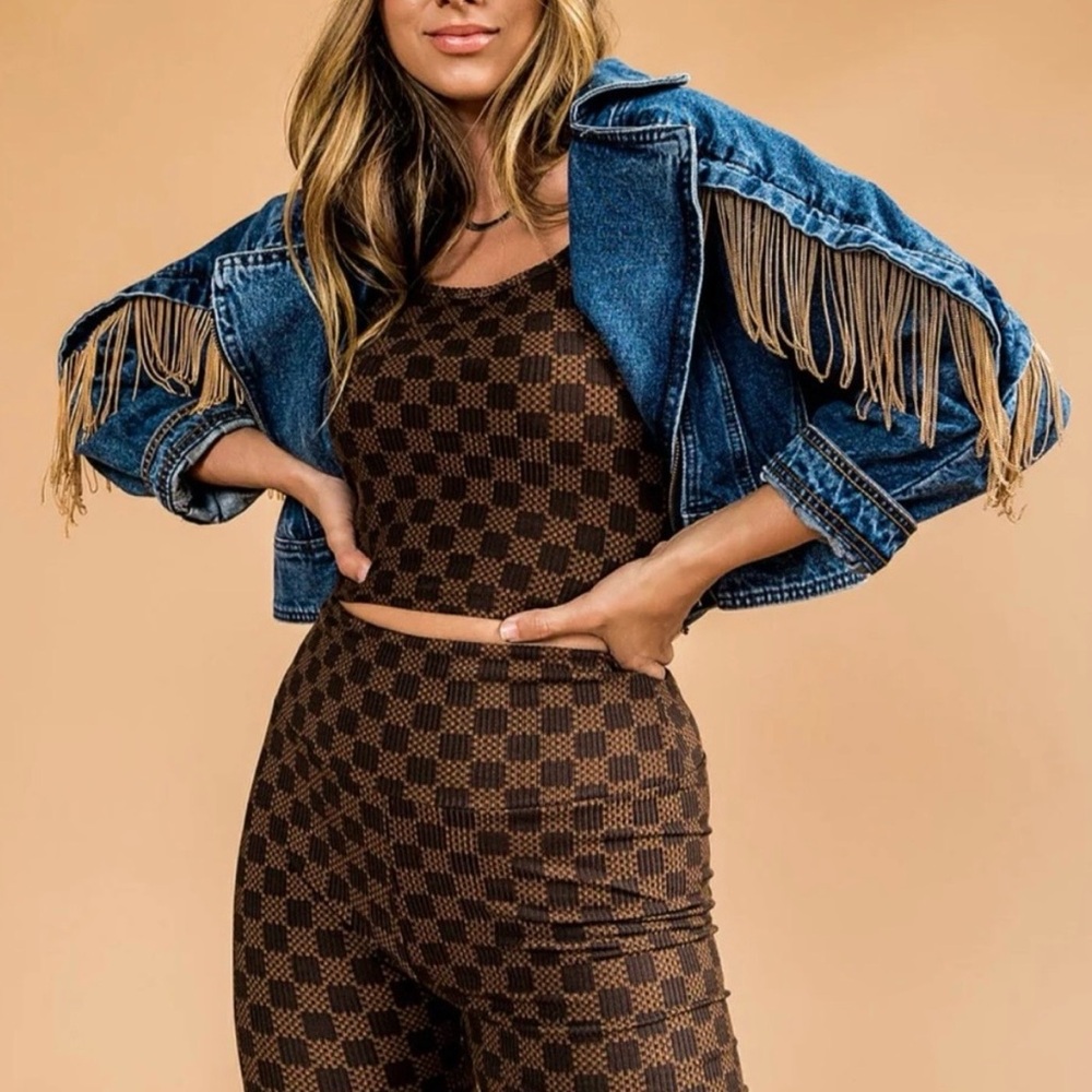 Dressed in Lala Women's Blue Denim Jacket with gold chain Fringe